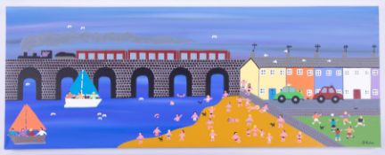 Gordon Barker (contemporary Devon artist), 'Train on bridge', signed oil on canvas, 30cm