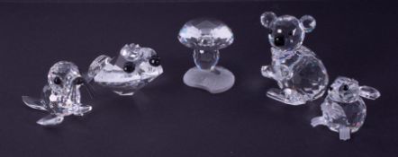 Swarovski Crystal Glass, small collection including Frog, Seal, Mushroom etc, boxed.