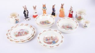 A collection of Bunnykins including 'Lawyer Bunnykins', 'Choir Singer' etc also cups, plates, bowls.
