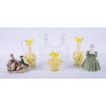 Two glass decanters with stoppers, set of three yellow coloured murano? glass, pair of