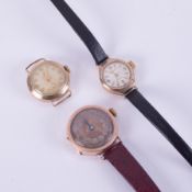 Three watches to include a 9ct yellow gold Tudor watch face, 9.16gm, a 9ct rose gold watch face with