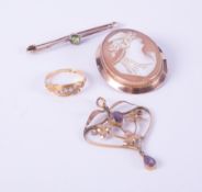 A mixed lot with an 18ct yellow gold ring set with four old round cut diamonds, (one