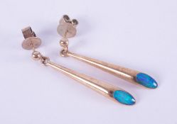 A pair of 9ct yellow gold drop earrings with black opal, length 3.8cm, post & butterfly fitting, 4.