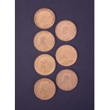 A collection of seven Victorian gold sovereigns comprising 1874,1878,1880,1885,1889,1891 and