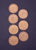 A collection of seven Victorian gold sovereigns comprising 1874,1878,1880,1885,1889,1891 and