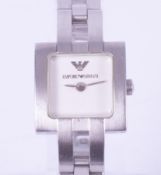 Emporio Armani, a ladies brushed stainless steel square faced quartz wristwatch, backplate stamped