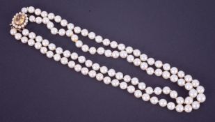 A double row of cream coloured cultured pearls with a 9ct yellow gold clasp set with a