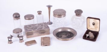 Various jars and bottles including Victorian silver and glass scent bottle, two other scent bottles,