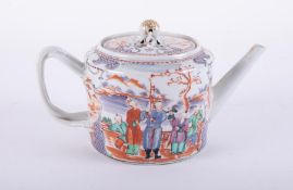 A 19th century Chinese porcelain teapot decorated with figures in a landscape, with interwoven