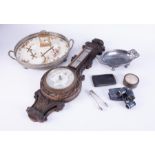 A mixed small collection including Swiza clock, silver plated tongs, barometer, opera glasses etc.