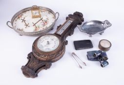 A mixed small collection including Swiza clock, silver plated tongs, barometer, opera glasses etc.