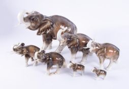 A set of seven Royal Dux 'Bohemia' elephants in different sizes, makers seal to base.