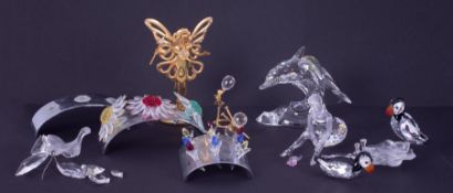 Swarovski Crystal Glass 'Dolphin on wave' boxed, 'Ballerina' boxed, various flowers and 'Puffins'