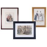 Three fashion prints including 1872 Paris fashions, framed and glazed.