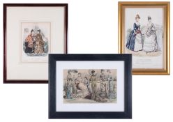 Three fashion prints including 1872 Paris fashions, framed and glazed.