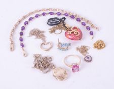A selection of 9ct yellow gold gemstone & paste set jewellery to include an amethyst bracelet,