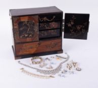 A Japanese table cabinet together with a 9ct gold wishbone ring and costume jewellery etc.