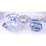 A collection of 19th century blue and white transferware including one Masons Ironstone chamber pot,