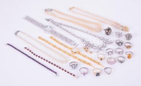 A mixed lot of costume jewellery, silver & watches to include faux pearls, gem set silver bracelets,