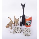 Two Gil Tregunna studio pottery cats (one is signed) together with a signed Anactacia glass in