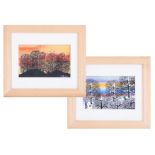 Gordon Barker (contemporary Devon artist), two signed oils 'Winter Trees' and 'Sunset Trees', 15cm x