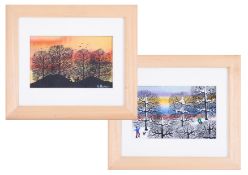 Gordon Barker (contemporary Devon artist), two signed oils 'Winter Trees' and 'Sunset Trees', 15cm x