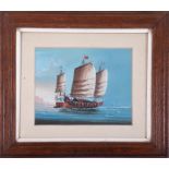 An early 20th century Chinese gouache painting of a sail ship, framed and glazed, with Plymouth