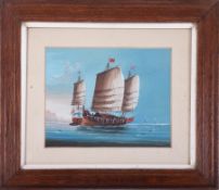 An early 20th century Chinese gouache painting of a sail ship, framed and glazed, with Plymouth