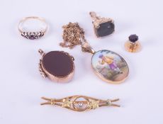A mixed lot to include a yellow gold bar brooch with seed pearl (no hallmark & not tested), 1.