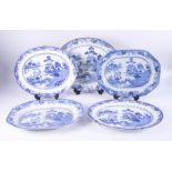 A collection of 19th century blue and white transferware to comprise five platers, largest 45cm,