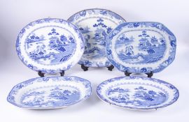 A collection of 19th century blue and white transferware to comprise five platers, largest 45cm,