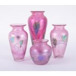 Four Okra glass 'Innocence' pink vases, tallest 21cm, boxed.