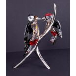 Swarovski Crystal Glass, pair of stunning Paradise Birds 'Woodpeckers' black diamond, boxed. These