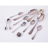 A collection of silverwares including two Geo III spoons, inscribed 1777 with initials, overall