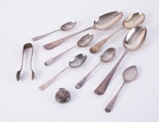 A collection of silverwares including two Geo III spoons, inscribed 1777 with initials, overall