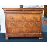 A 19th century figured walnut chest of drawers fitted with four drawers, height 97cm, width 124cm.