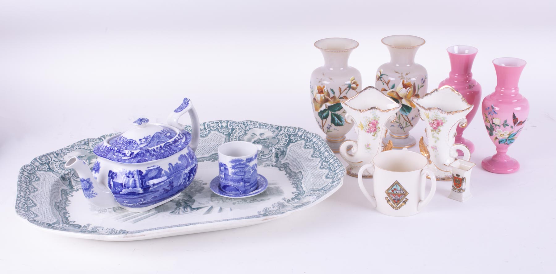 A large W H Goss tyg, Copeland Spode teapot Victorian plater, Opaline glass vases etc (11).