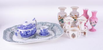 A large W H Goss tyg, Copeland Spode teapot Victorian plater, Opaline glass vases etc (11).