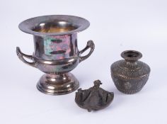 A silver plated wine cooler together with a bronze dish in form of a Japanese lady with parasol