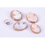 A mixed lot of four various sized cameo brooches in 9ct yellow gold mounts (two un-hallmarked and