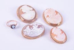 A mixed lot of four various sized cameo brooches in 9ct yellow gold mounts (two un-hallmarked and