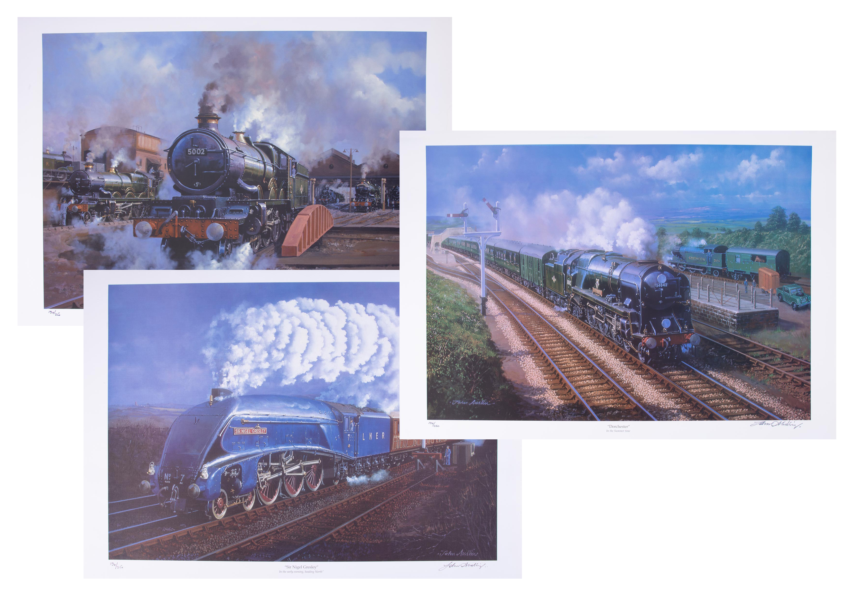 A collection of signed limited edition prints of trains by John Austin, in a Hornby Dublo case (