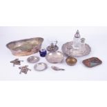 A collection of various metal wares and objects including a pierced silver plated salver, sugar