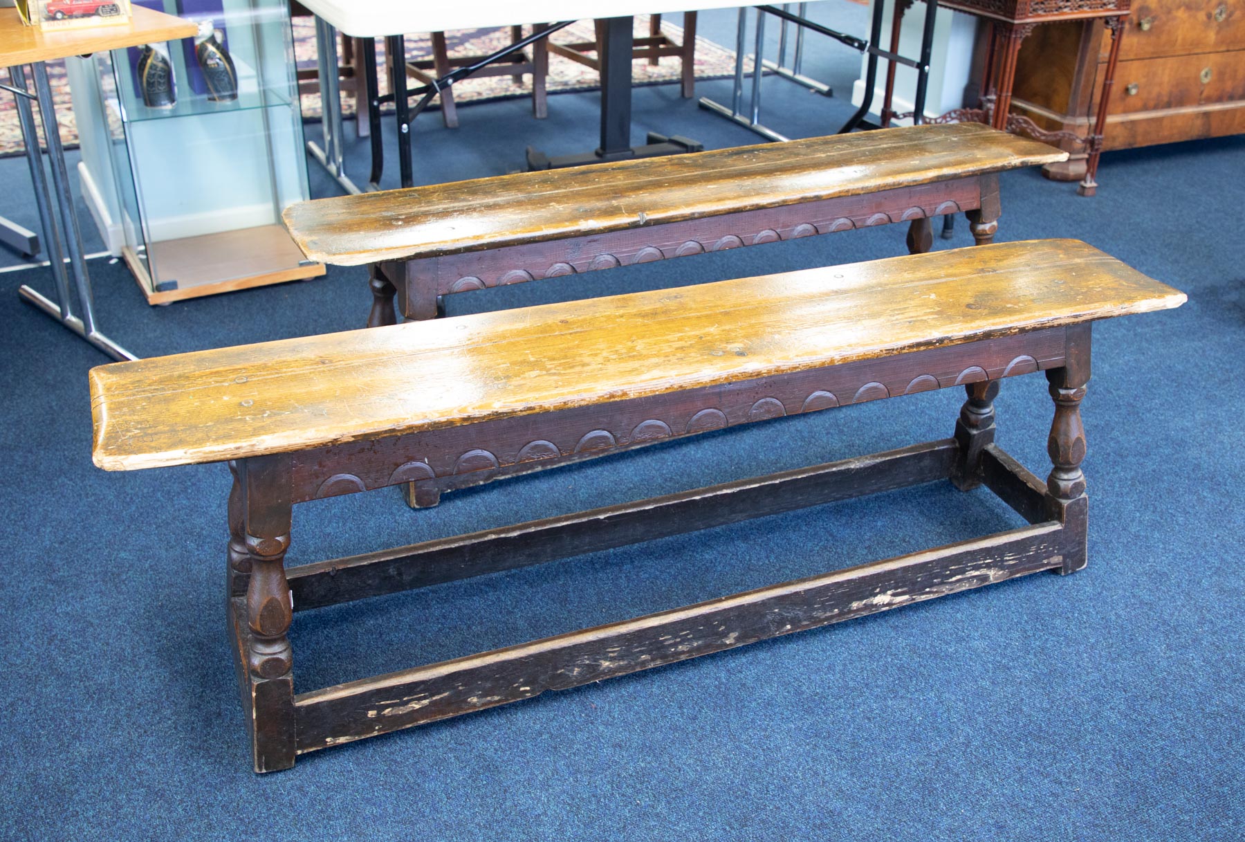 A pair of antique wood benches, length 62inches.