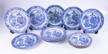 A collection of 19th century blue and white transferware to comprise fourteen plates including two