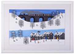 Gordon Barker (contemporary Devon artist) 'Steam Train Crossing Bridge On A Winters Day' signed