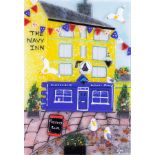 Lou from Lou C fused glass, 'The Navy Inn', signed, 30cm x 21cm, framed. Louise is a