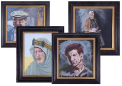 A collection of four unsigned oil on board portraits including 'Jailbird Barry, Last sitting