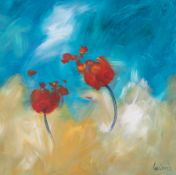 Lee Woods (b.1964) 'Red Tulips', signed oil on board, 61cm x 61cm, unframed.
