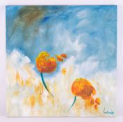 Lee Woods (b.1964) 'Orange Tulips', signed oil on board, 61cm x 61cm, unframed.